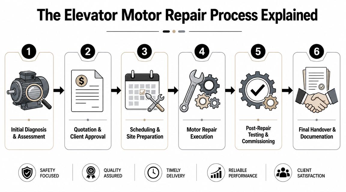 A flowchart showing the six-step professional elevator motor repair process from diagnosis to final client handover.