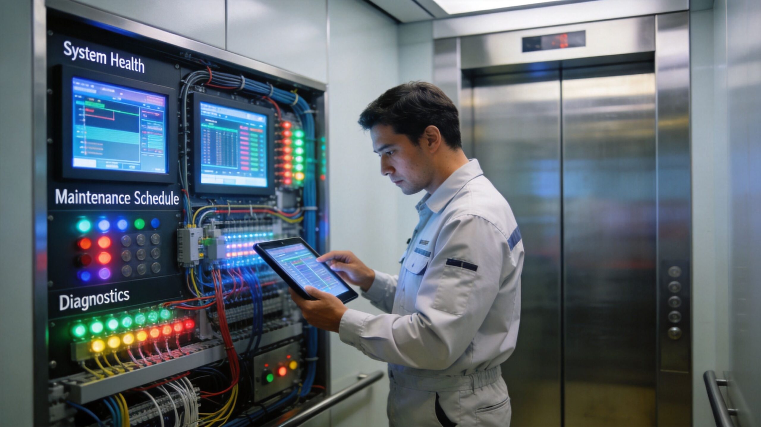 A technician using a tablet to inspect elevator maintenance control panels inside an industrial machine room.