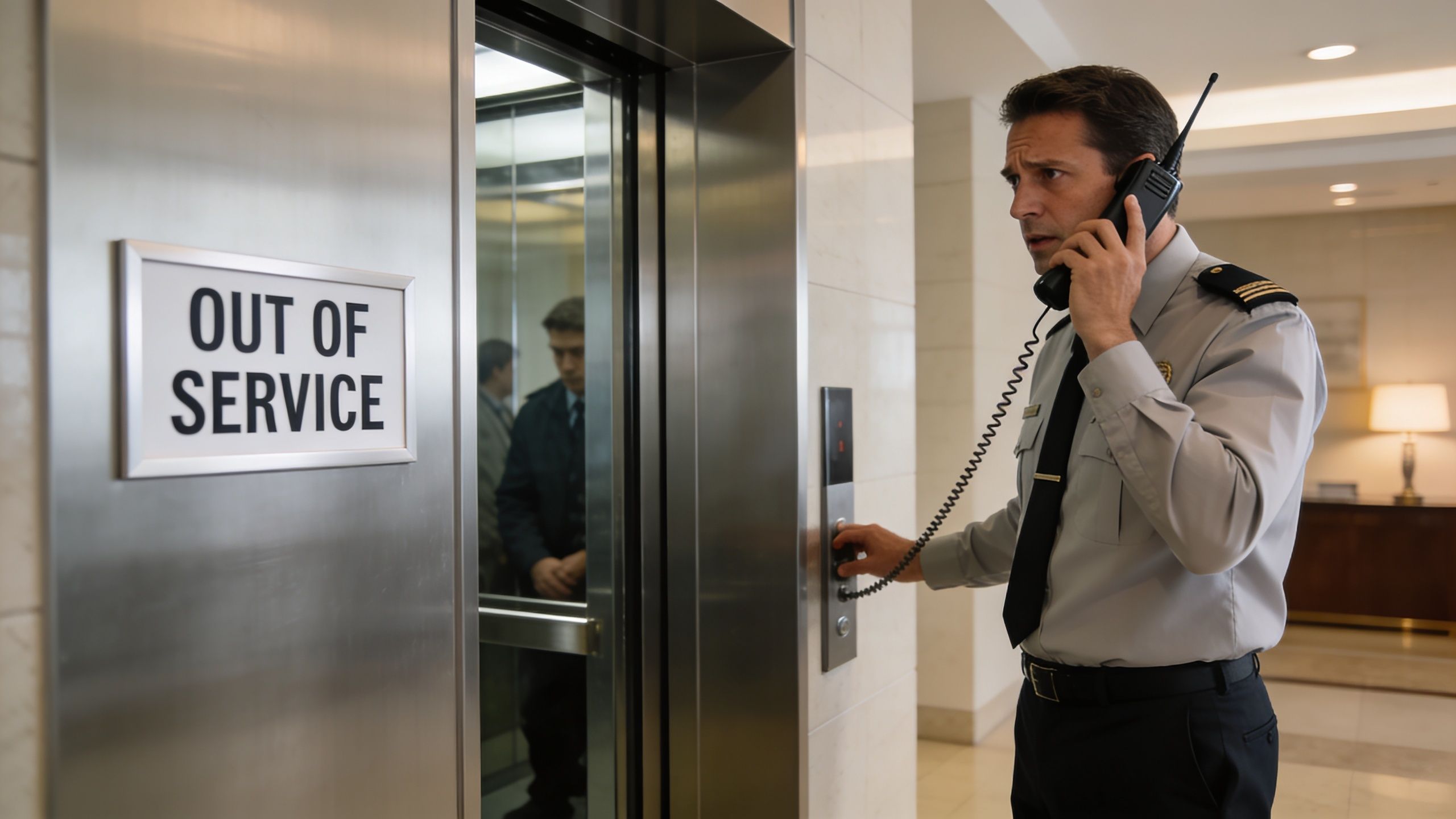 A security guard speaking on a walkie-talkie next to an elevator marked with an out of service sign.