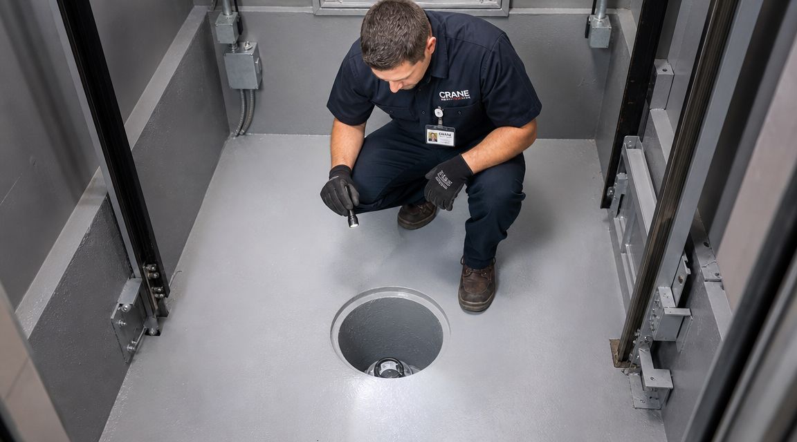 A professional technician wearing a Crane uniform inspects an elevator pit floor with a flashlight.
