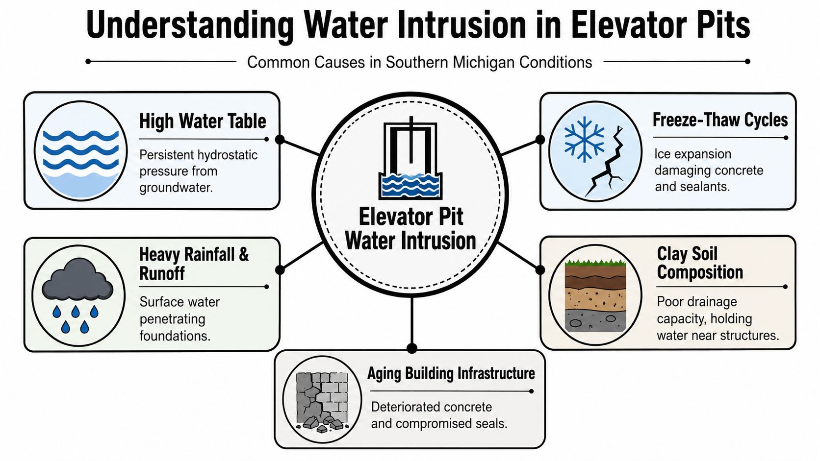 An infographic illustrating five common causes of water intrusion in elevator pits within Southern Michigan.
