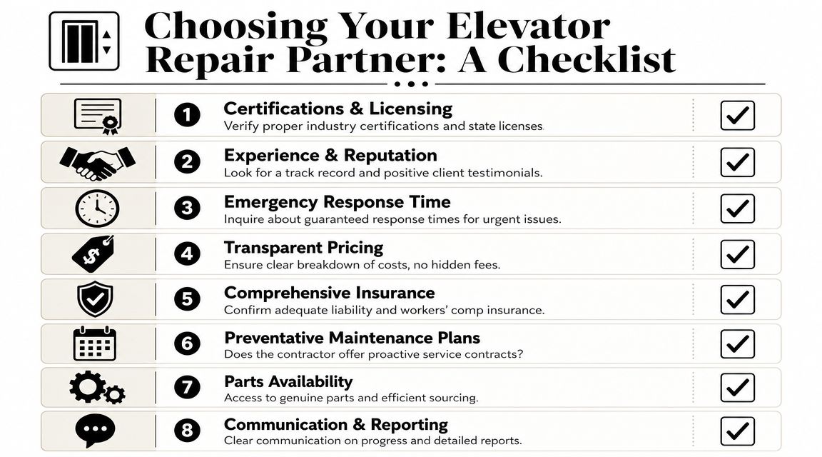A checklist infographic listing eight essential criteria for selecting a reliable professional elevator repair service partner.