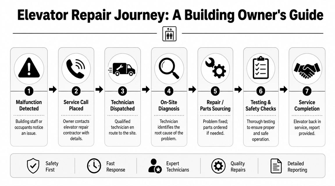 An infographic titled Elevator Repair Journey outlining the seven steps from malfunction detection to service completion.