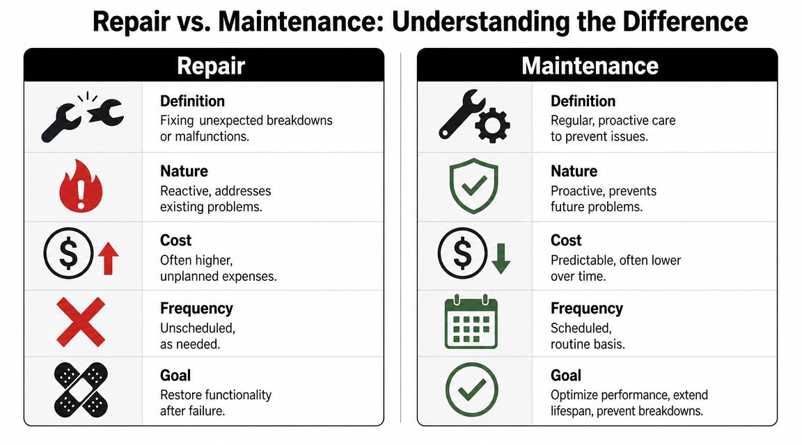 A comparison chart outlining the key differences between repair and maintenance for mechanical equipment or systems.