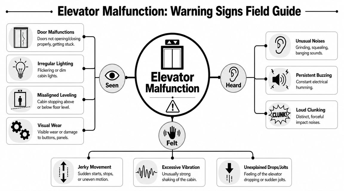 An infographic titled Elevator Malfunction: Warning Signs Field Guide displaying common visual, auditory, and physical signs of trouble.