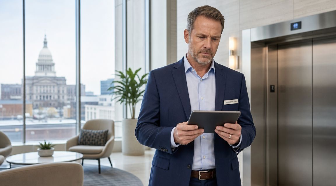 A professional building manager in a suit using a digital tablet while standing near an elevator lobby.
