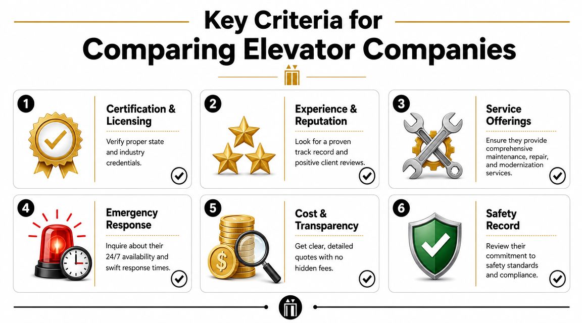 An infographic titled Key Criteria for Comparing Elevator Companies featuring six numbered points with icons.