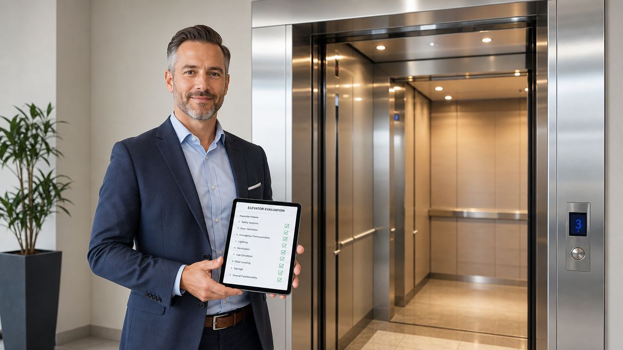 A professional elevator technician holding a tablet showing an inspection checklist in front of an elevator.