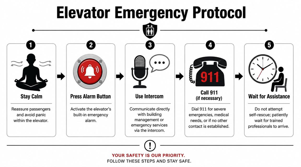An infographic showing a five-step emergency protocol to follow if trapped inside an elevator safely.