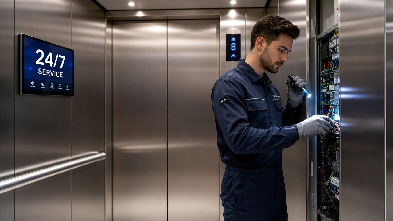 A professional technician in a blue uniform inspecting an elevator control panel with a flashlight.