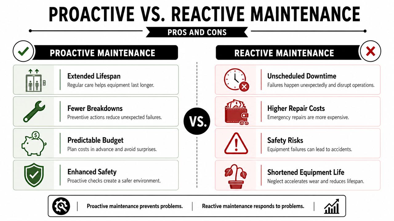 A comparison chart showing the benefits of proactive maintenance versus the downsides of reactive maintenance for equipment.