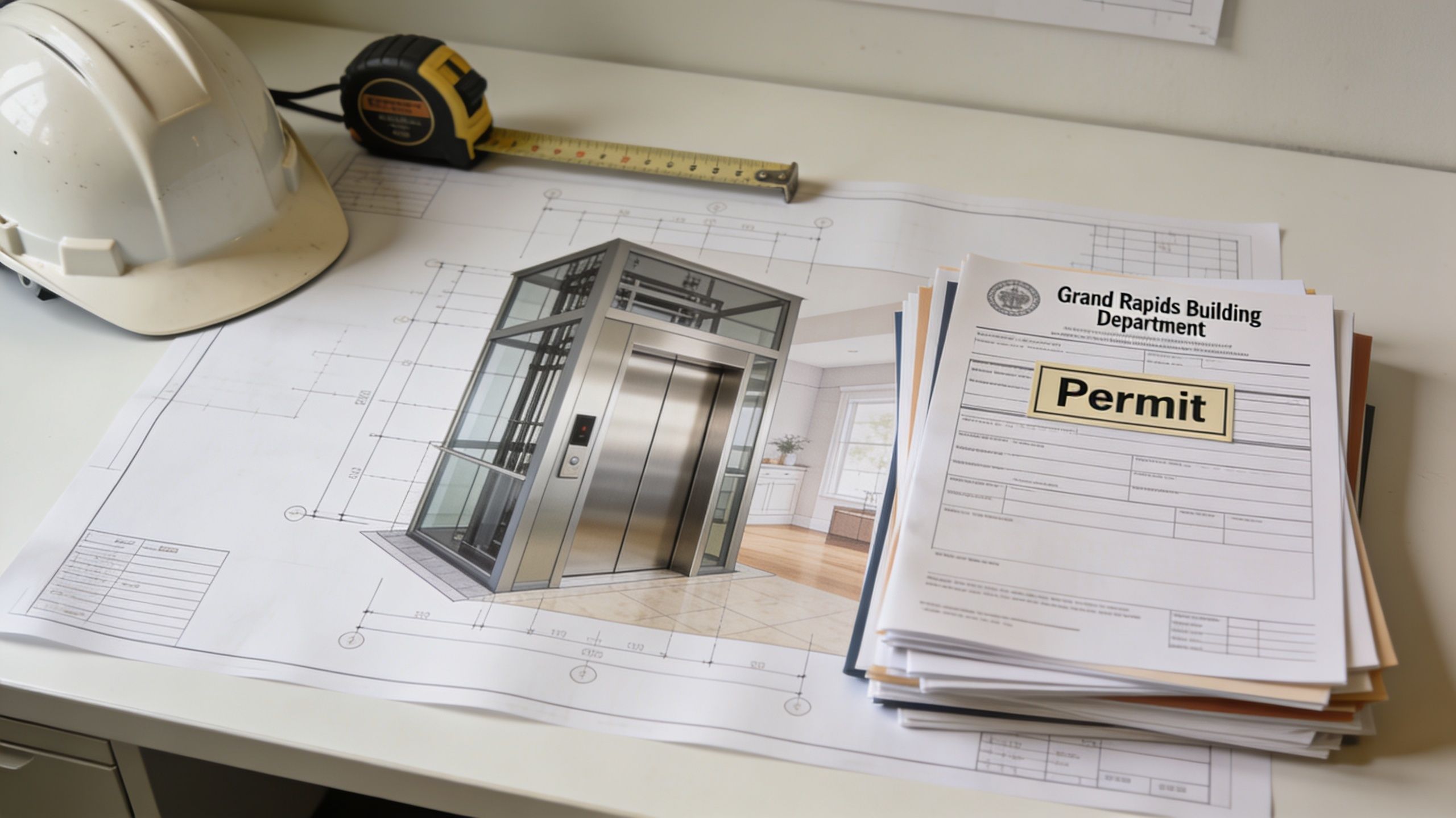 A construction hard hat, measuring tape, elevator blueprints, and a Grand Rapids building permit on a desk.