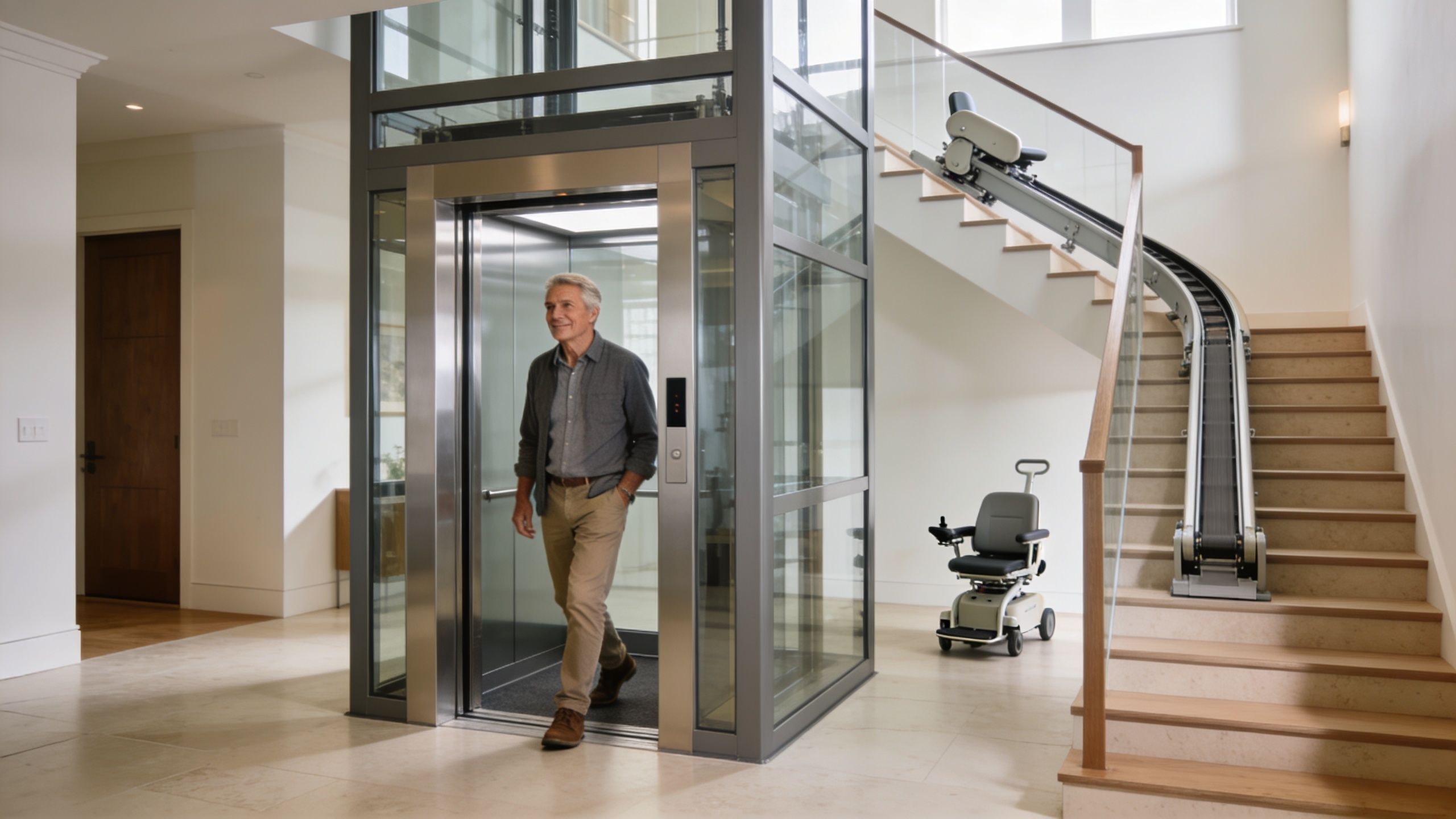 A man exiting a modern glass residential elevator next to a wooden staircase with a stairlift.