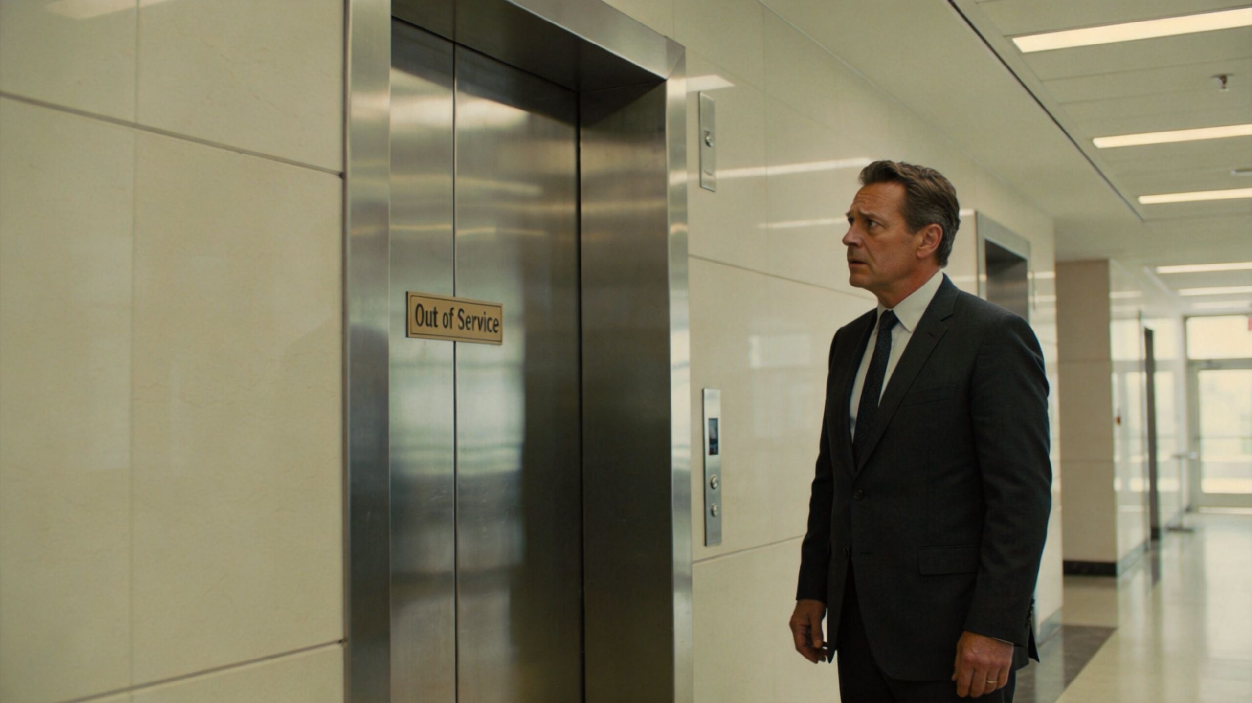 A professional man in a suit looks disappointed at an out of service elevator in a hallway.