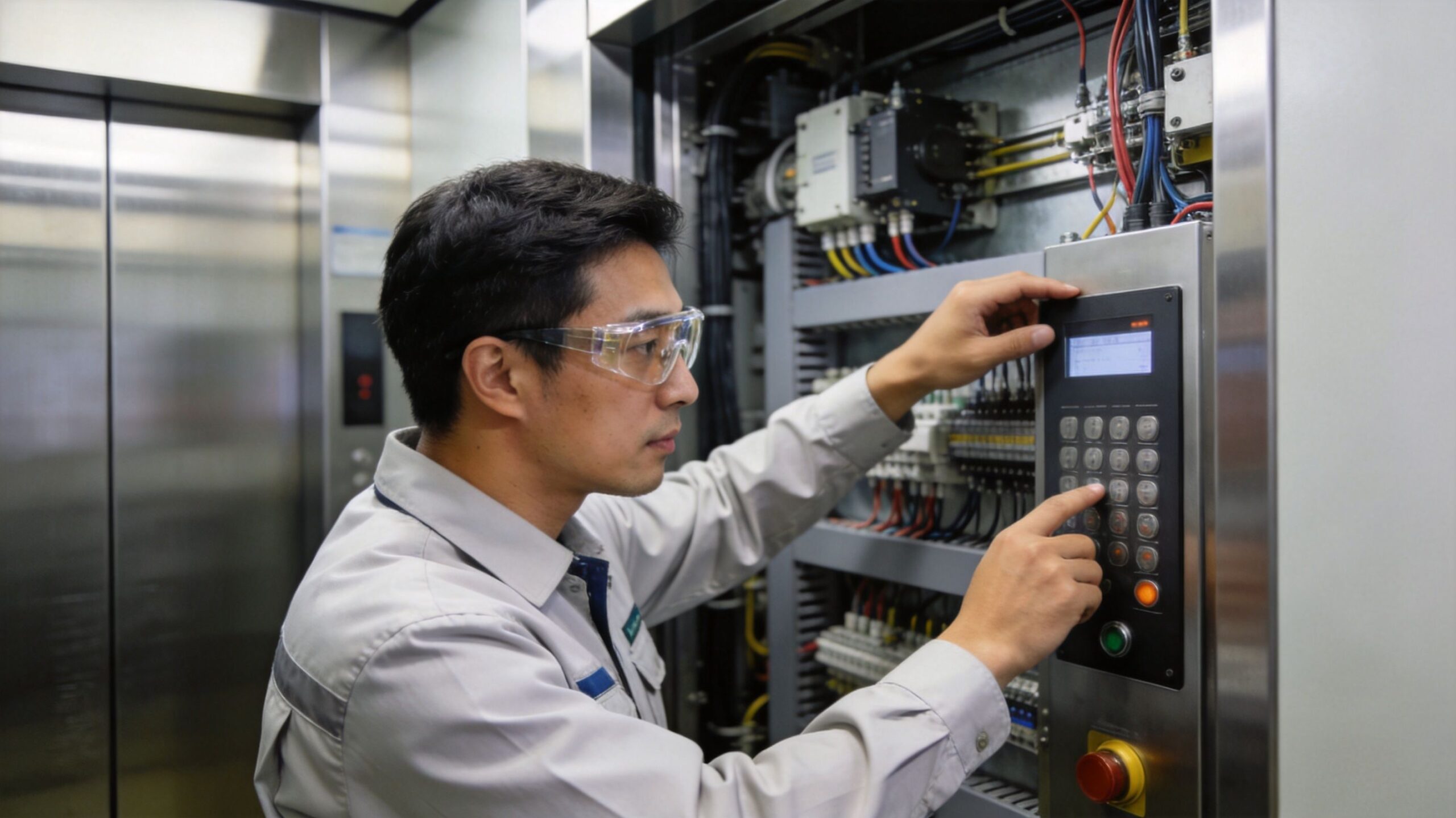 A technician wearing safety glasses works on the control panel of an elevator maintenance system.