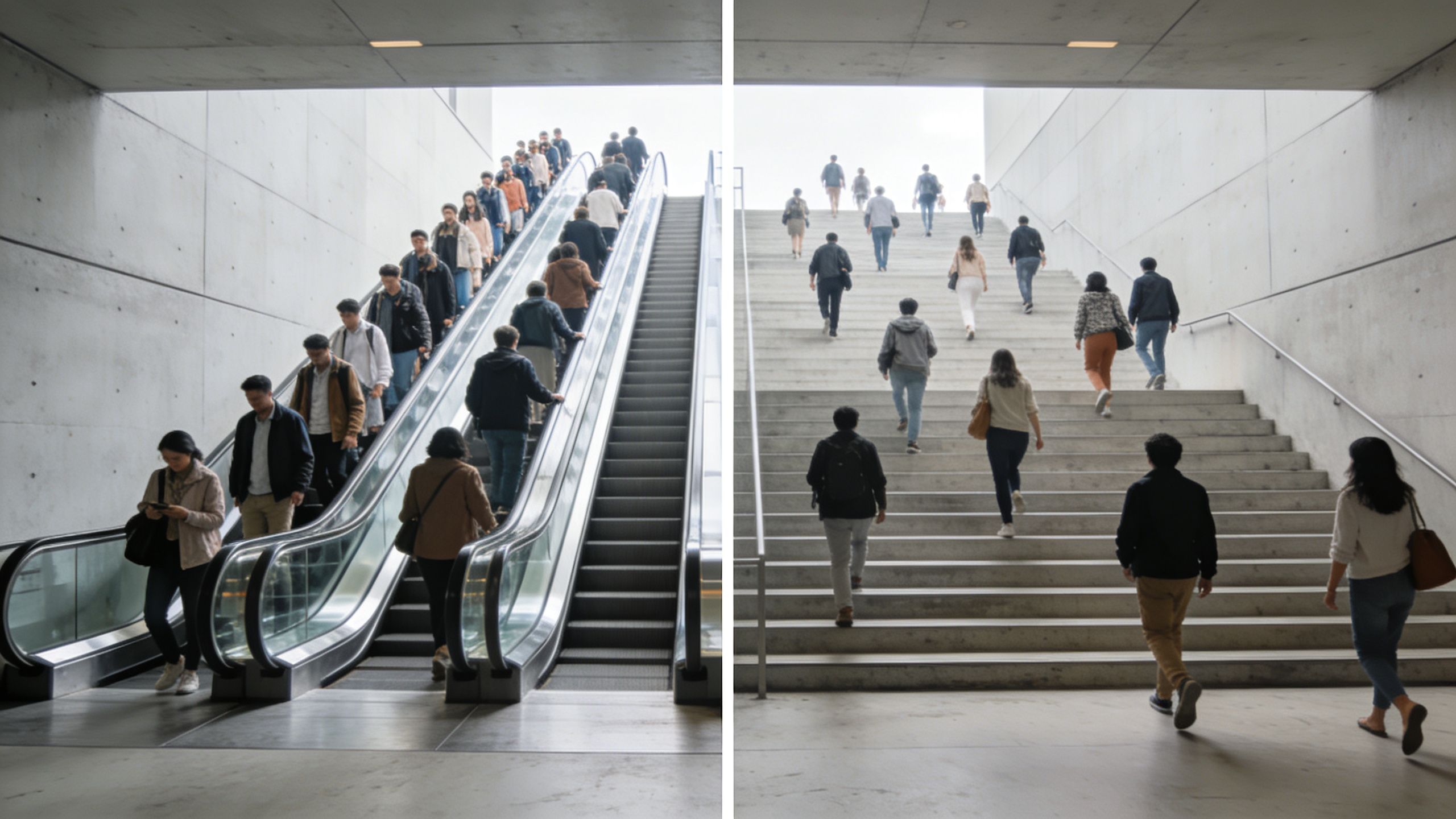 A split view showing people using an escalator on the left and climbing concrete stairs on the right.