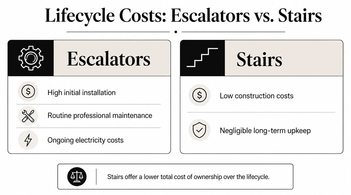 A comparison infographic showing that stairs have significantly lower lifecycle costs than escalators for building owners.