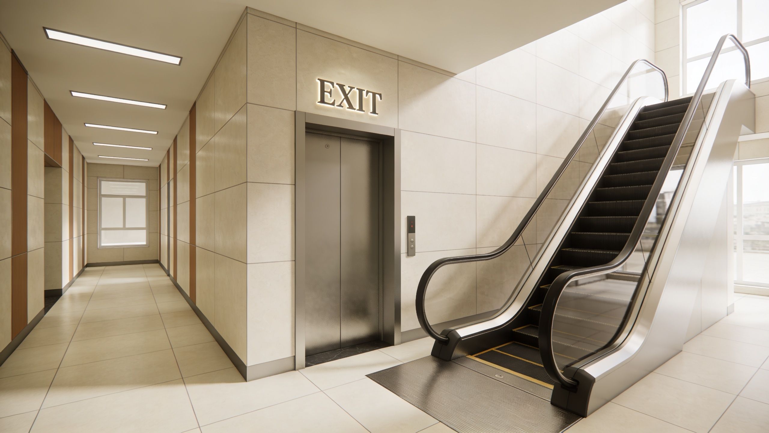 A modern building interior featuring an elevator with an exit sign and a metallic escalator beside it.