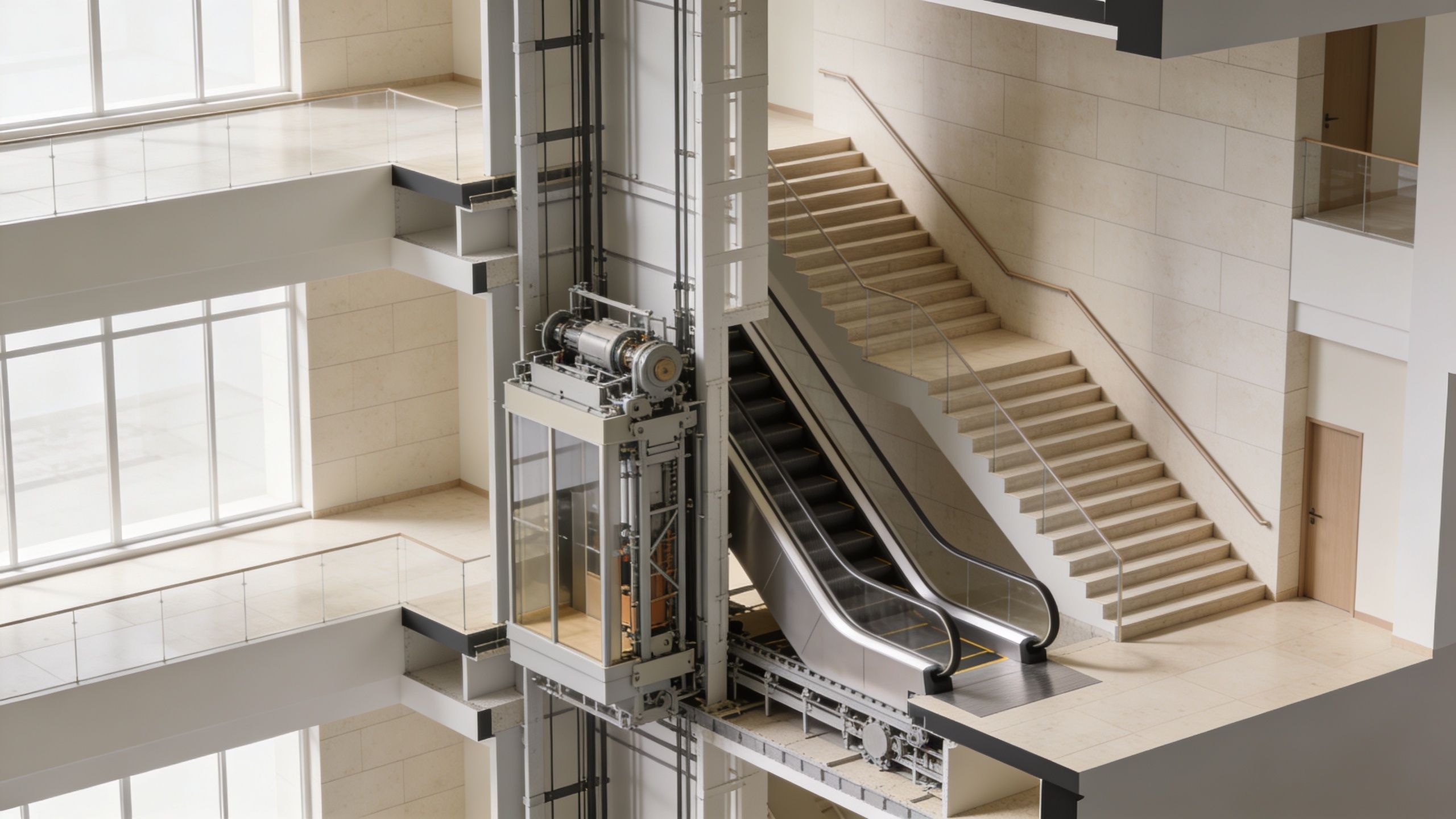A modern building interior featuring an exposed elevator shaft, a glass-sided escalator, and stone stairs.
