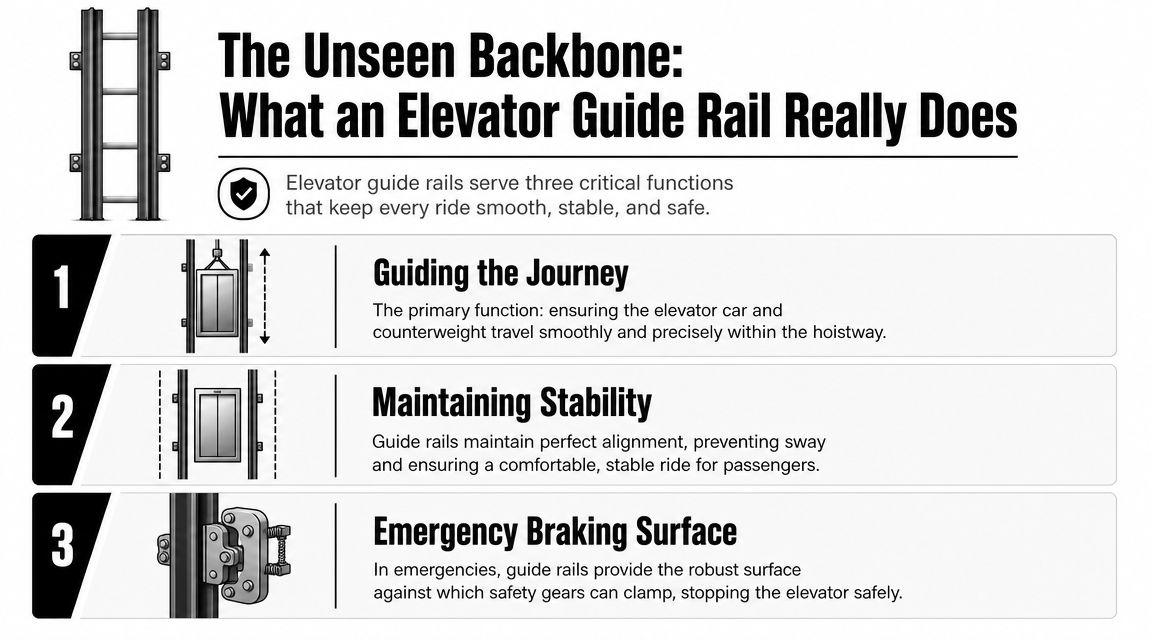 An infographic detailing the three essential functions of elevator guide rails for safety and smooth movement.