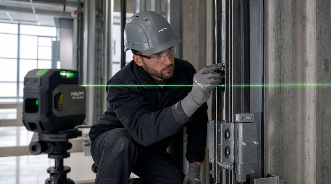 A professional construction worker uses a Hilti green laser level to align elevator guide rails on site.