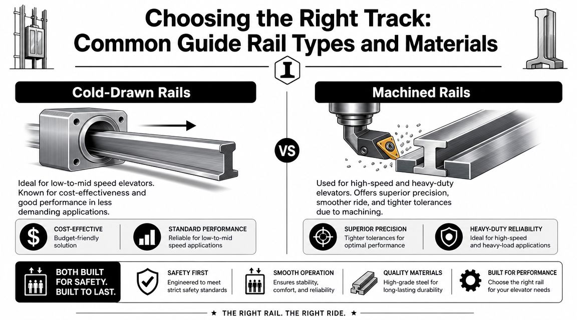 An infographic comparing cold-drawn and machined elevator guide rails highlighting their differences in precision and application.