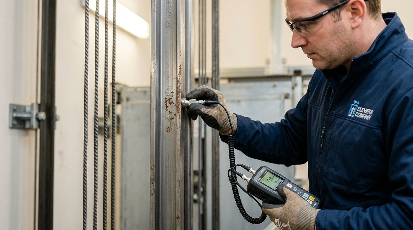 A technician wearing safety glasses and gloves uses an ultrasonic thickness gauge on elevator guide rails.