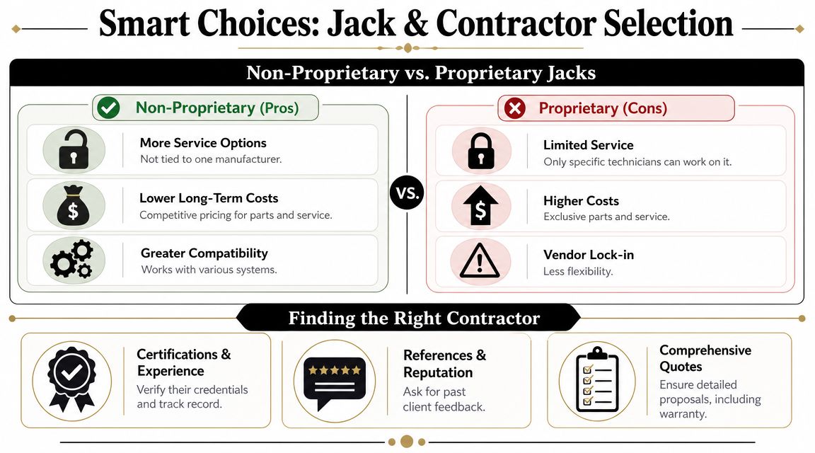 An infographic comparing non-proprietary and proprietary elevator jacks and outlining key tips for choosing a contractor.