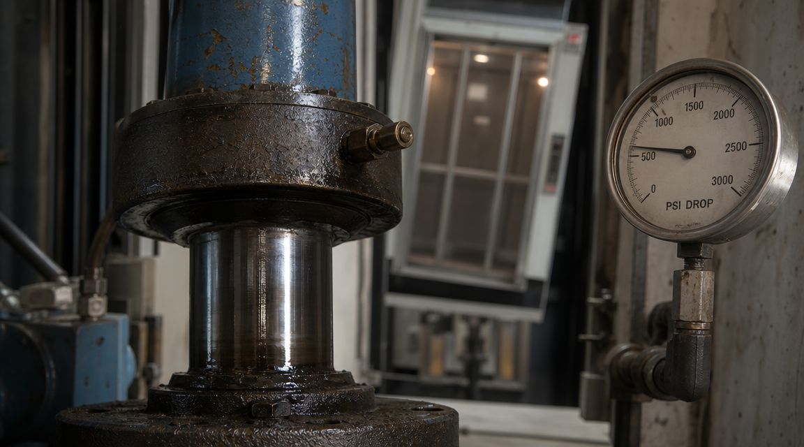 A close-up view of a hydraulic elevator jack system component next to a pressure gauge
