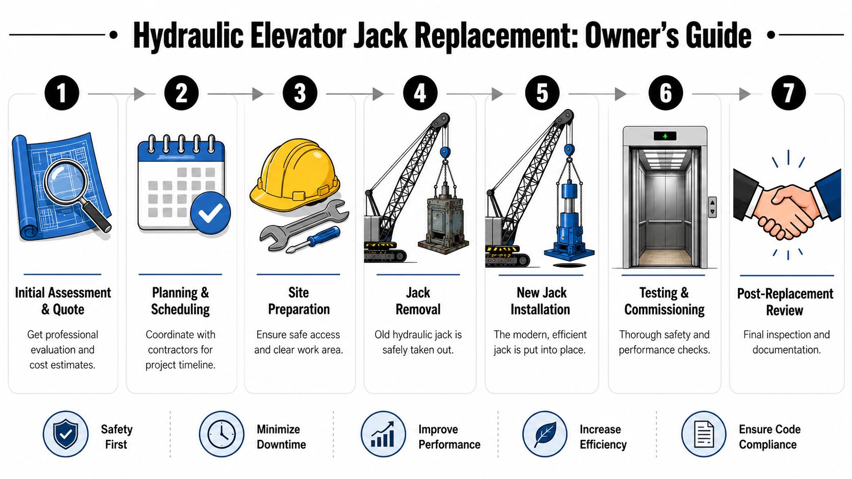 A seven-step guide illustrating the professional process for hydraulic elevator jack replacement in commercial buildings.