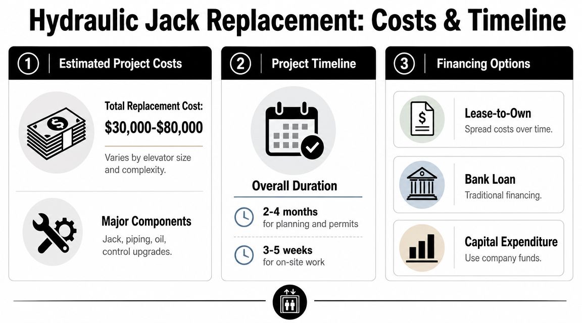 An infographic detailing the costs, timeline, and financing options for replacing a hydraulic elevator jack system.