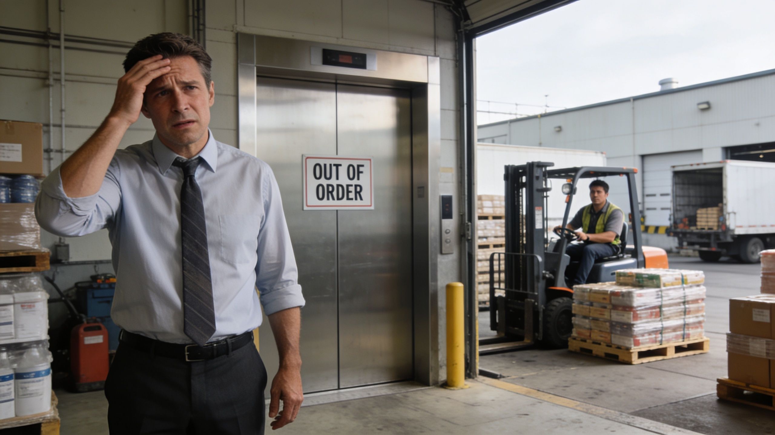 A concerned office worker stands in front of a broken hydraulic freight elevator in a warehouse.