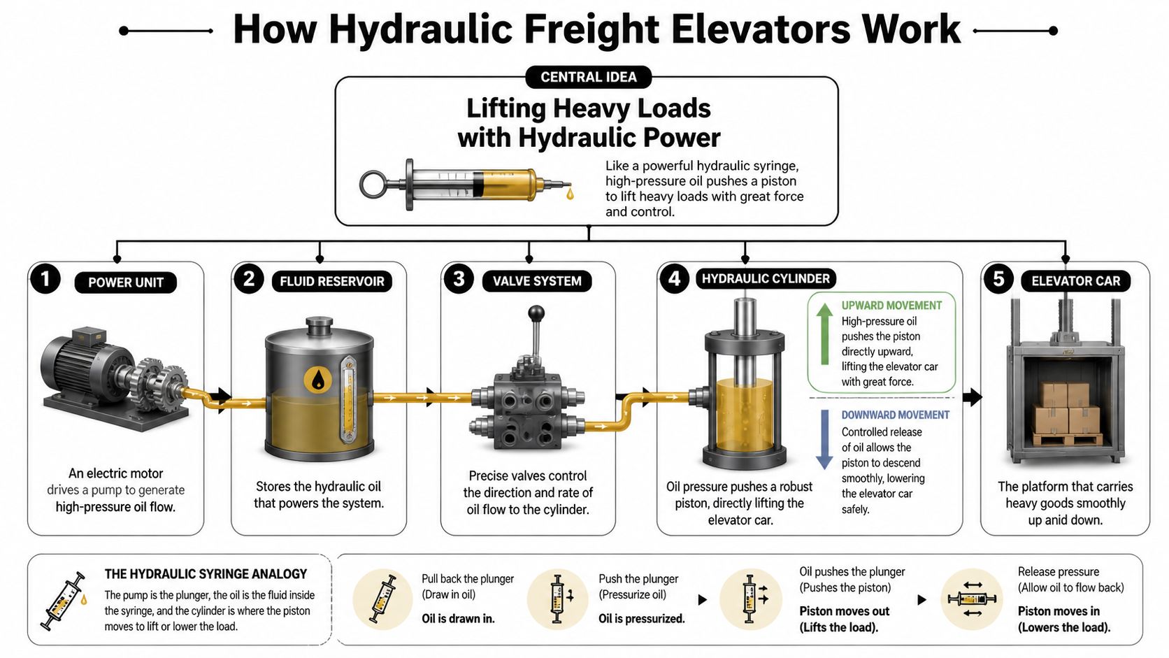 An infographic diagram illustrating the mechanical components and functional process of a hydraulic freight elevator system.