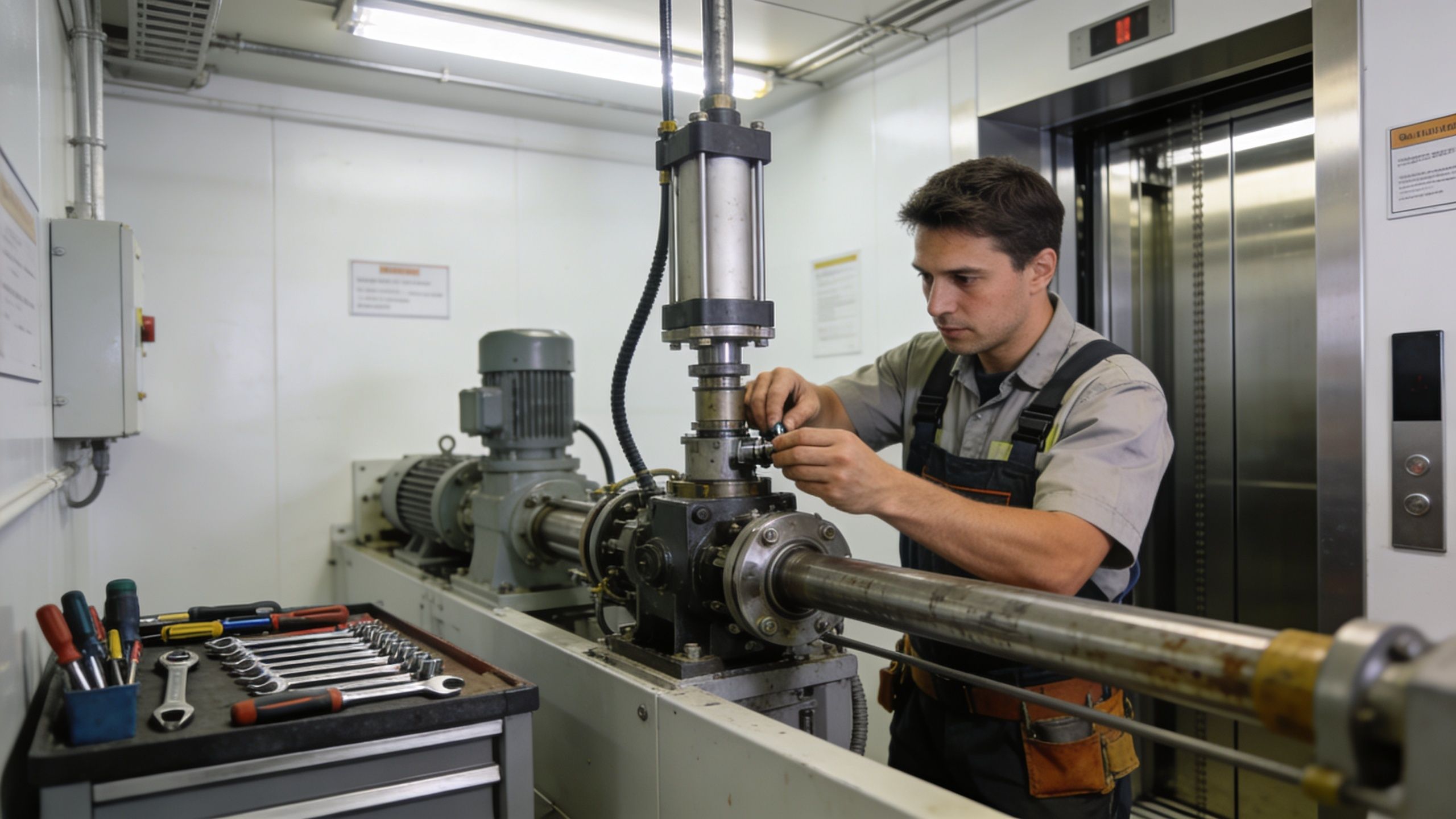 A skilled technician performing maintenance on a hydraulic freight elevator machine in a commercial facility.