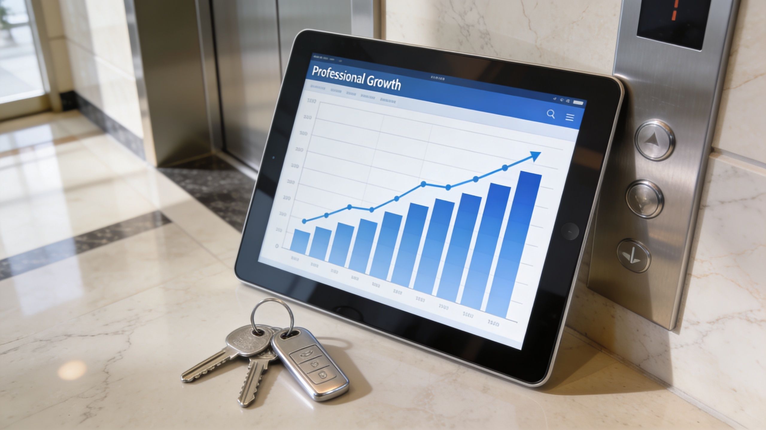 A digital tablet displaying a professional growth chart resting on a floor next to elevator control buttons.