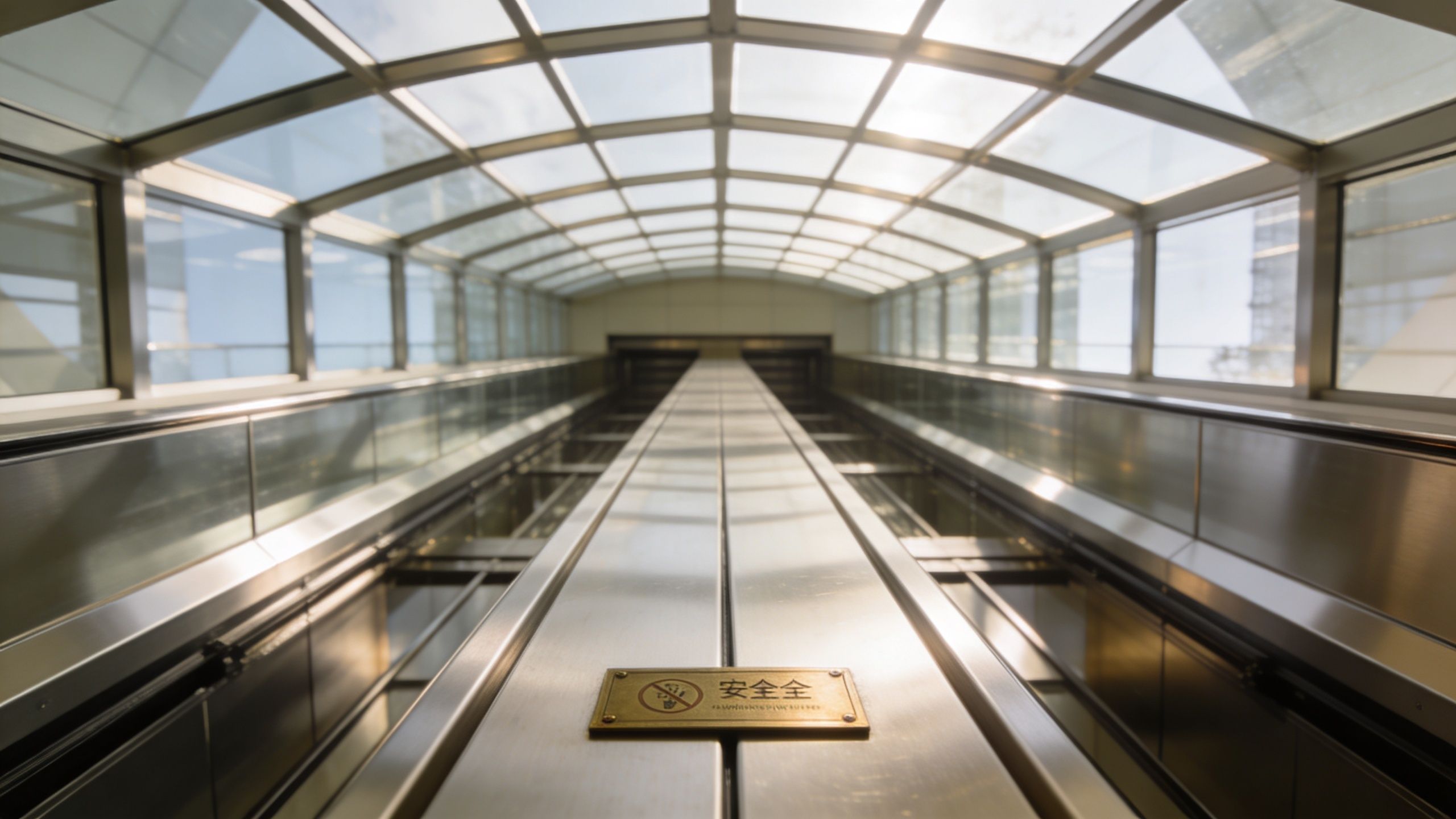 A symmetrical view looking down a long, modern escalator inside a glass-covered walkway tunnel.