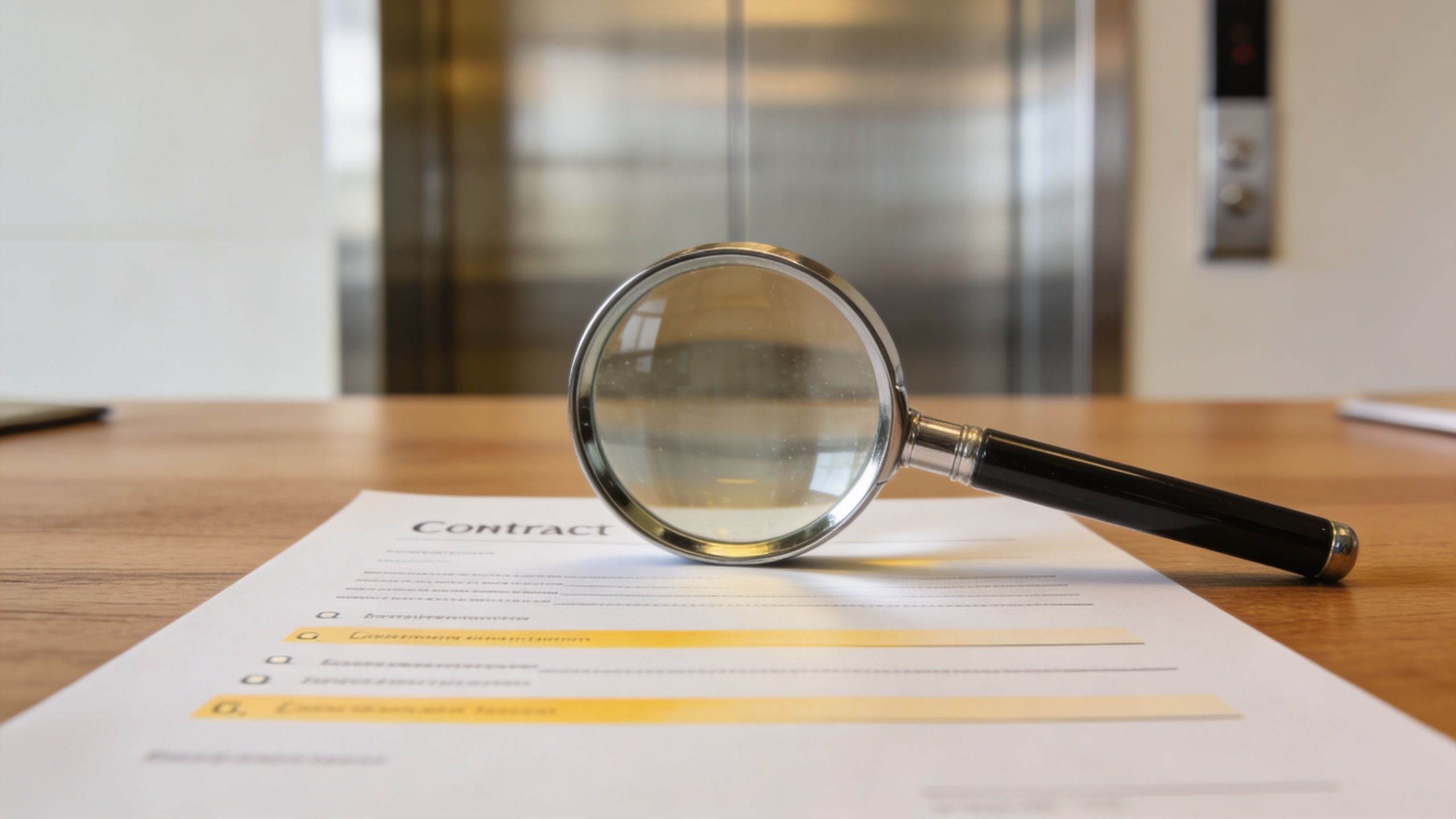 A magnifying glass sits on top of a legal contract document placed on a wooden table.