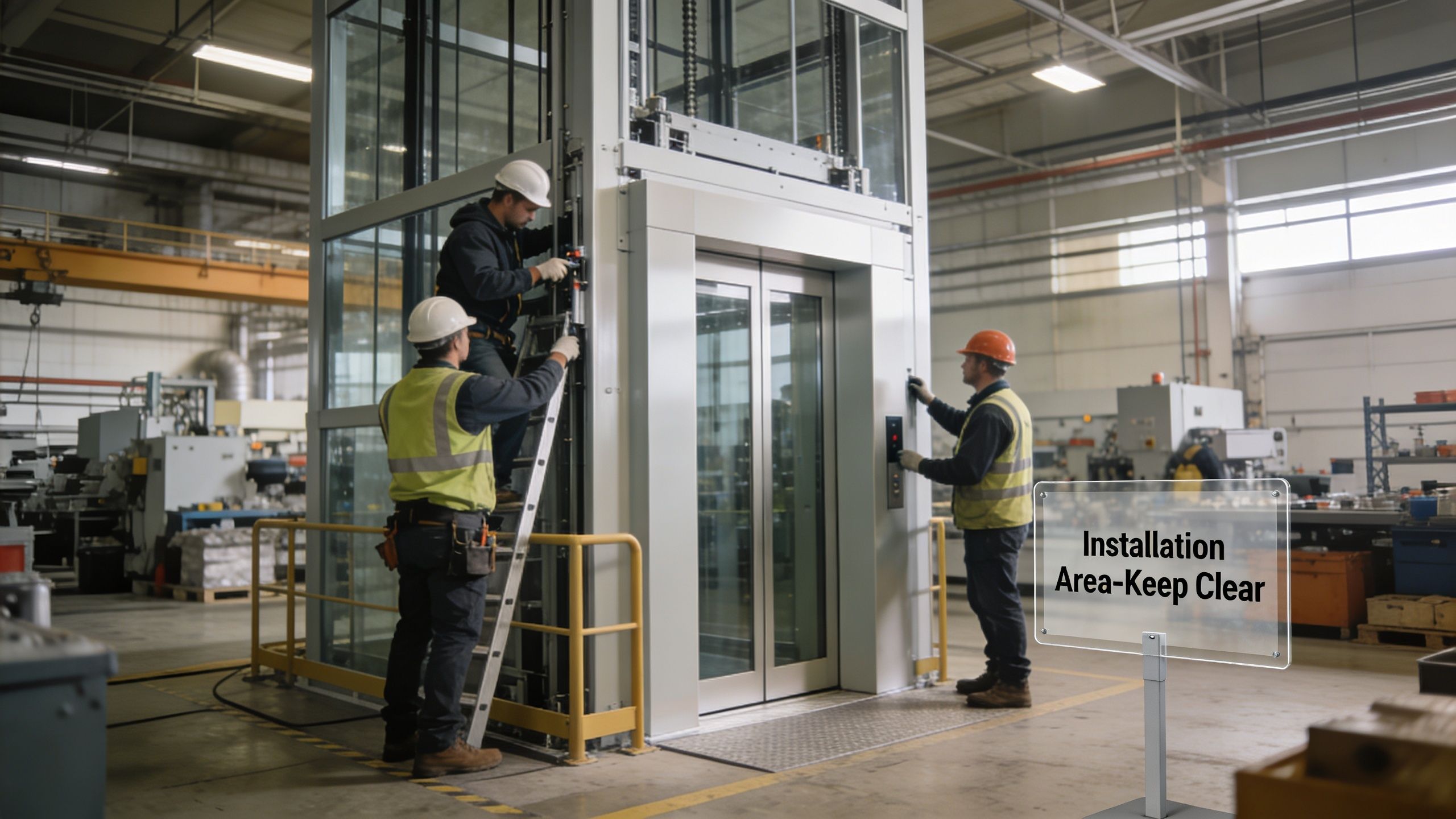 Three construction workers installing a modern glass elevator inside a large industrial factory warehouse.