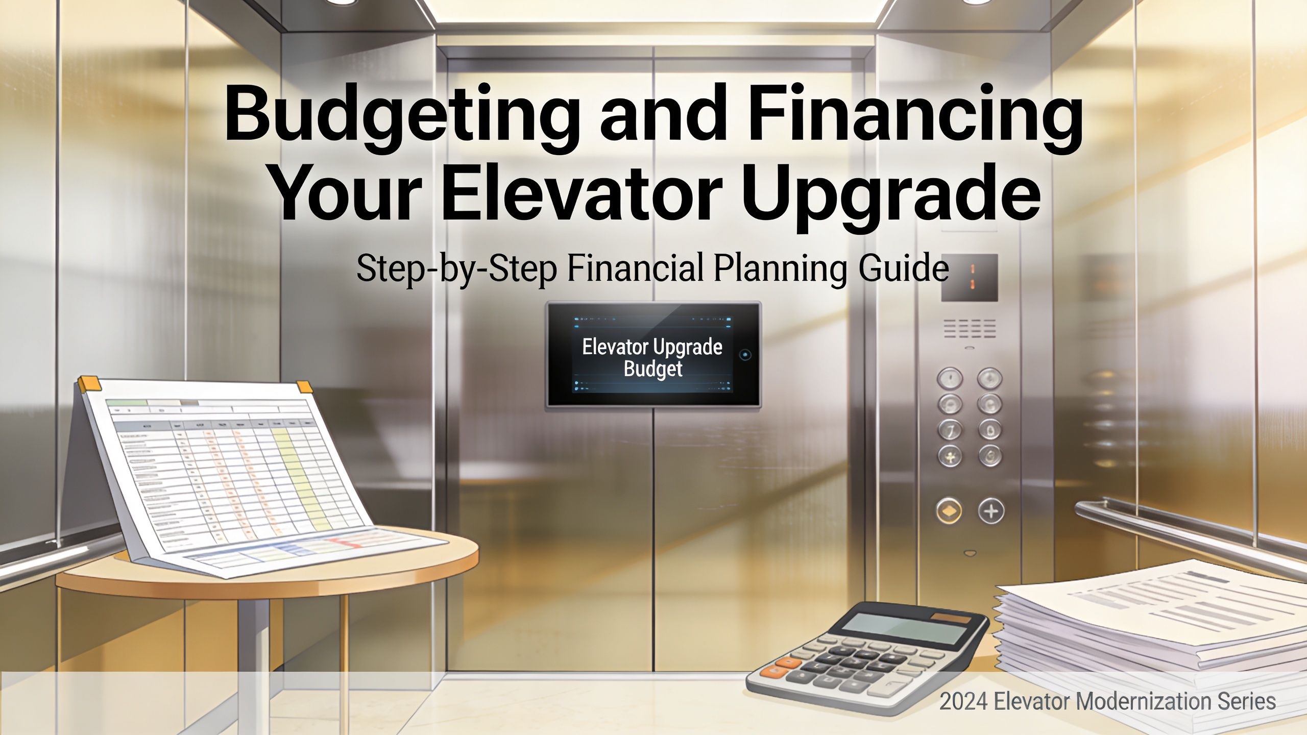 A professional guide cover titled Budgeting and Financing Your Elevator Upgrade with financial planning tools inside an elevator.