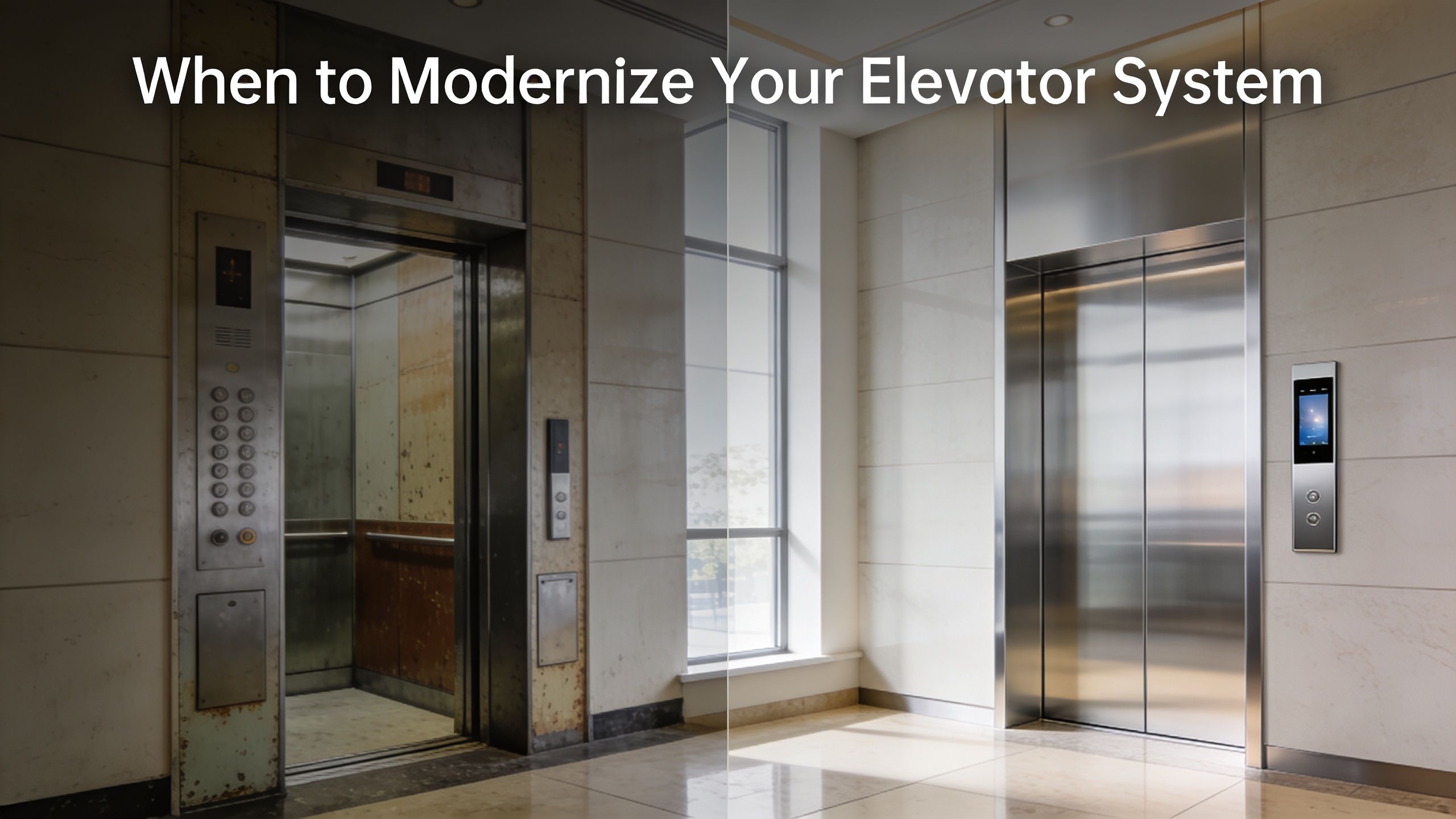 A split comparison image showing an old, worn elevator next to a modern, upgraded stainless steel elevator.