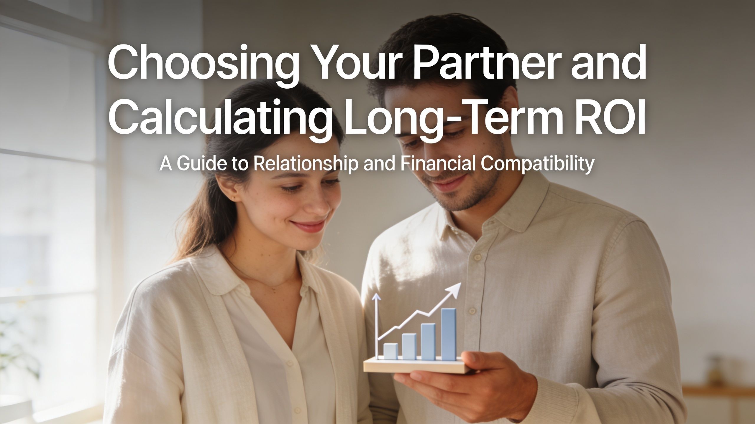 A couple looking at a small model of a growing bar graph, symbolizing financial planning in relationships.