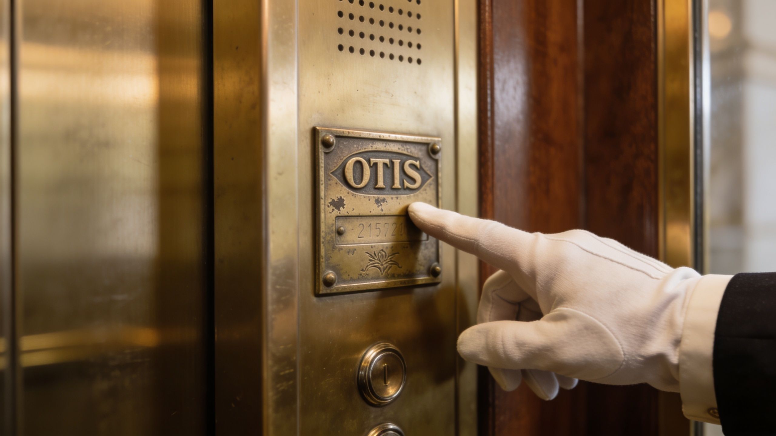 A gloved hand presses the button on an ornate brass vintage Otis elevator control panel.