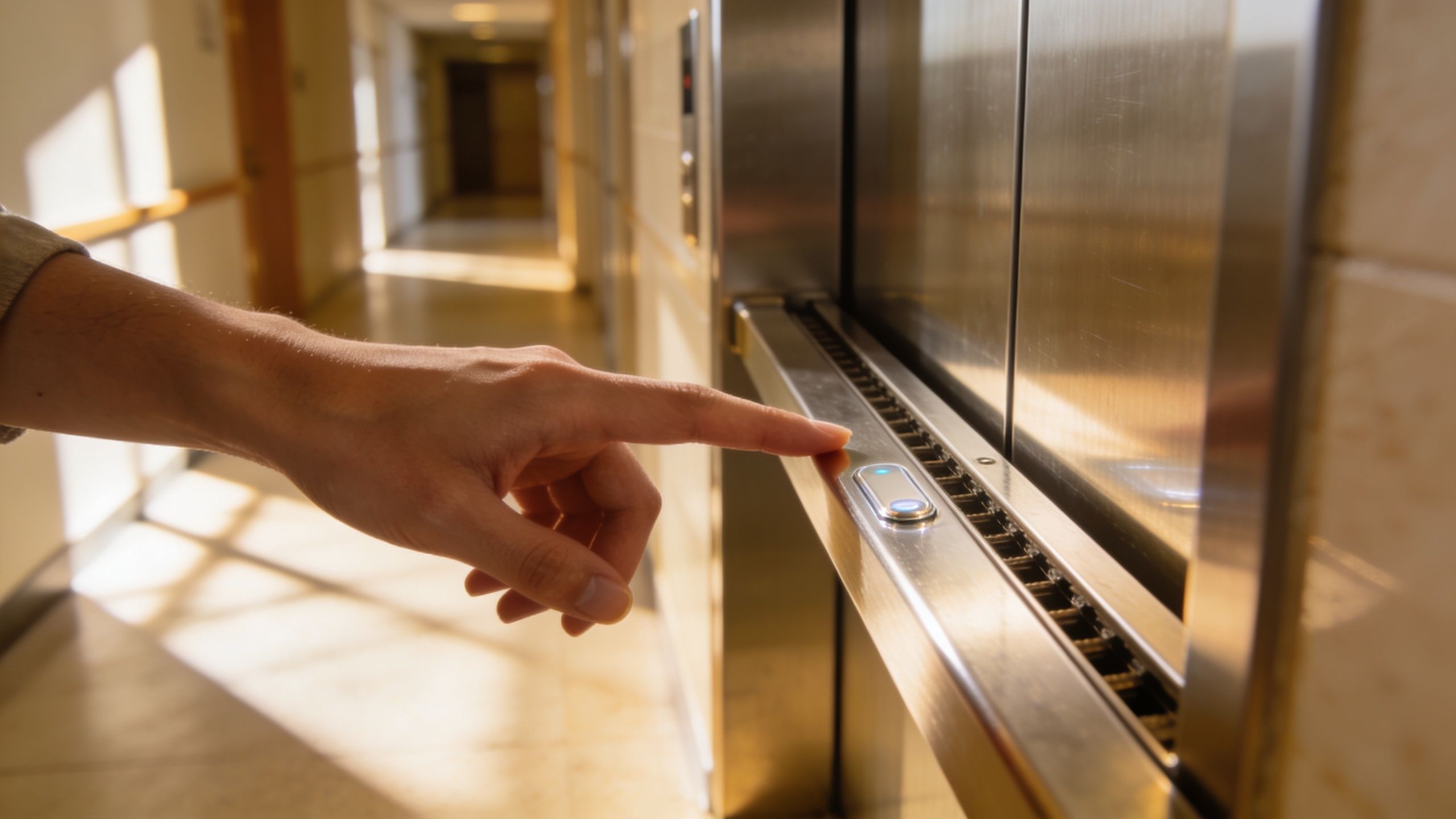 A close-up shot of a person's hand pressing the call button for an Otis elevator in a hallway.