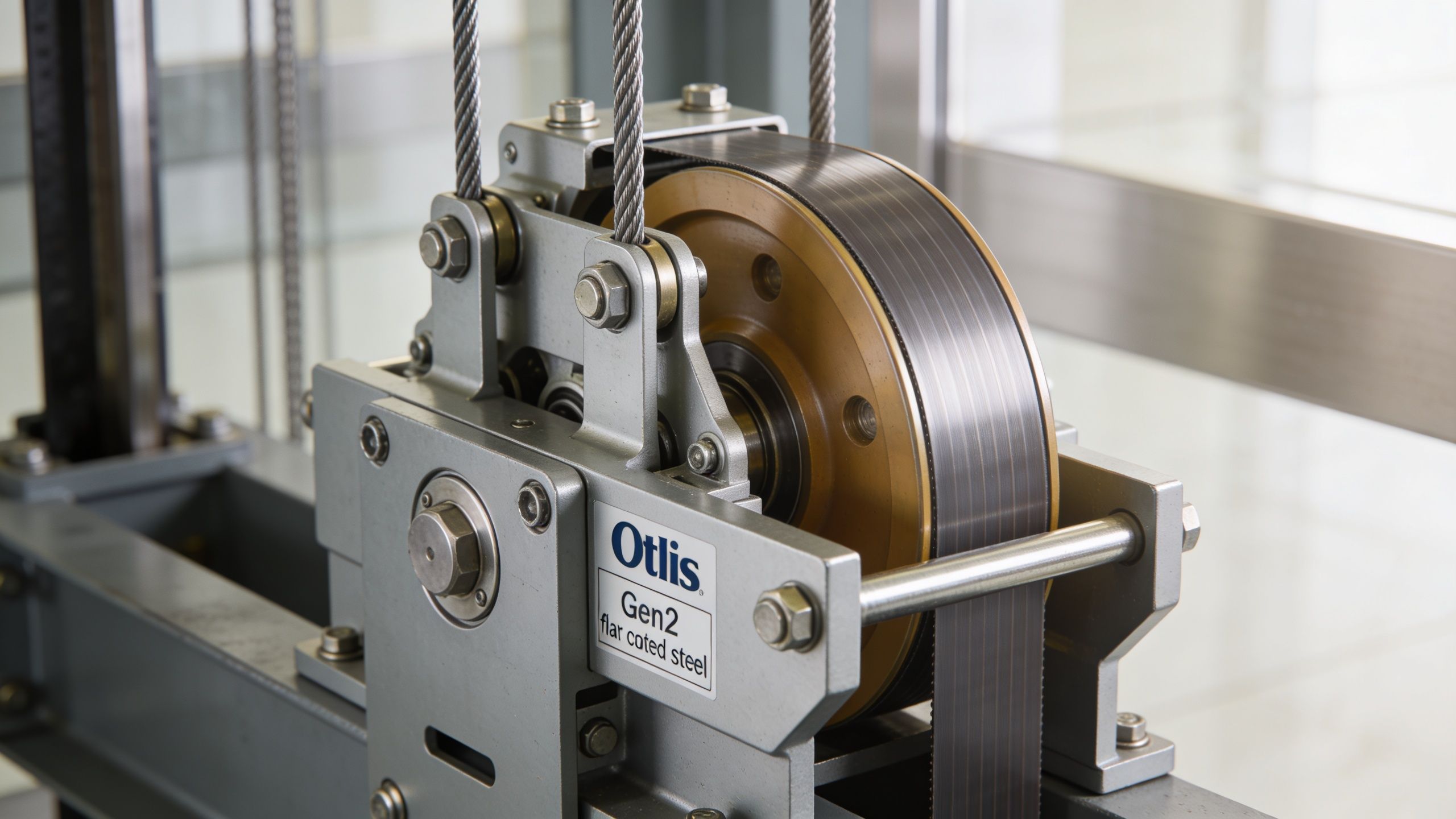 A close-up view of an Otis Gen2 elevator system featuring coated steel belts on a bronze pulley.