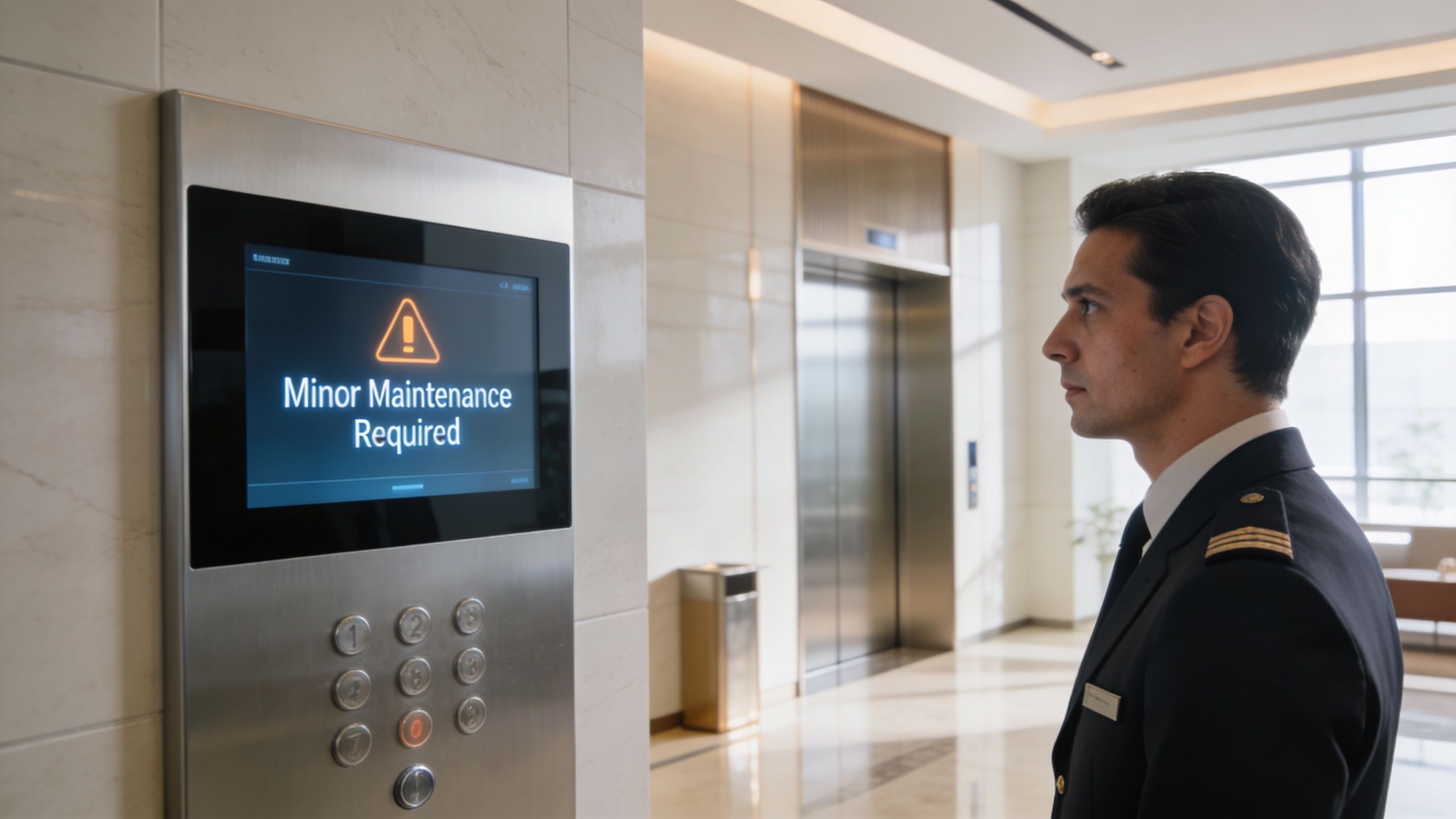 A professional man in a suit looking at an elevator control panel displaying a minor maintenance required notification.