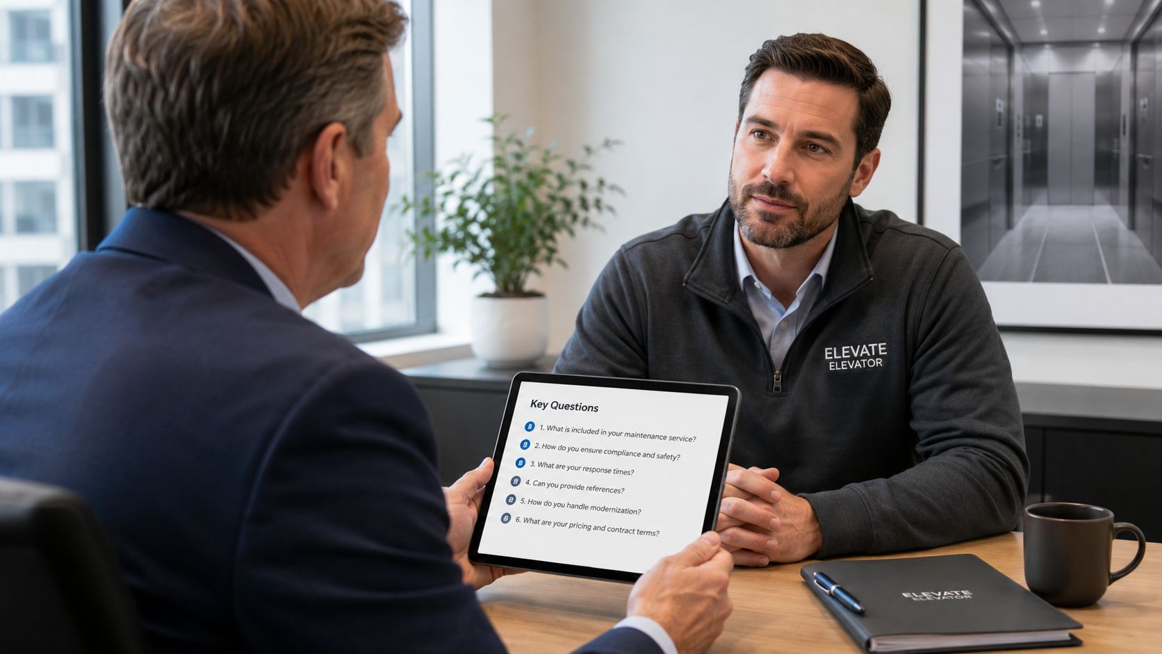 A professional meeting between two men discussing elevator maintenance services using a digital tablet.