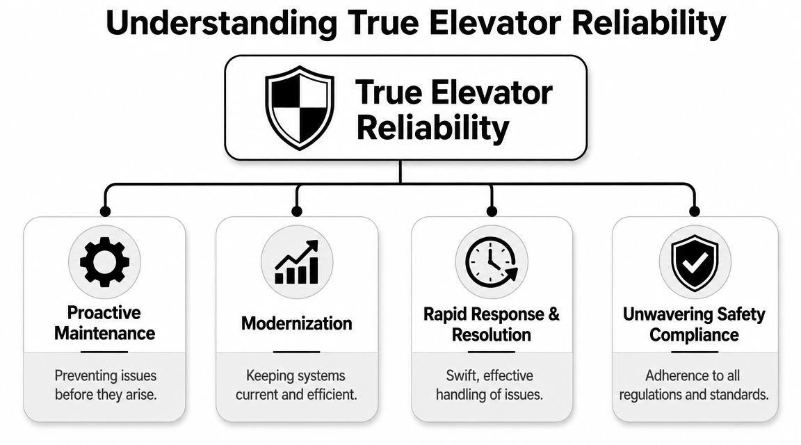 A diagram illustrating the four key pillars of achieving true elevator reliability through maintenance and modernization.