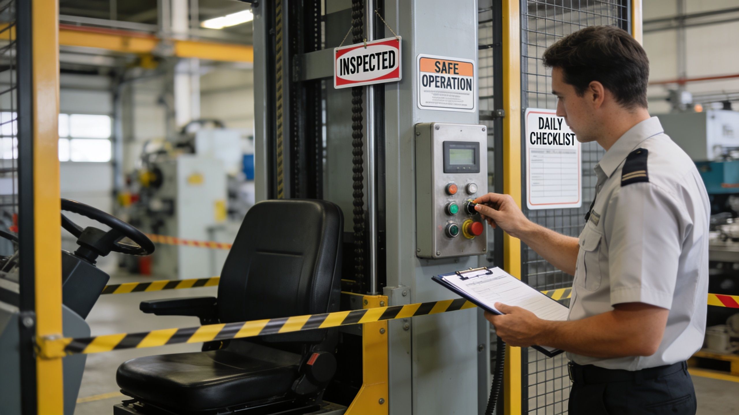 A professional operator checking a rideable material lift and completing a daily safety inspection checklist.