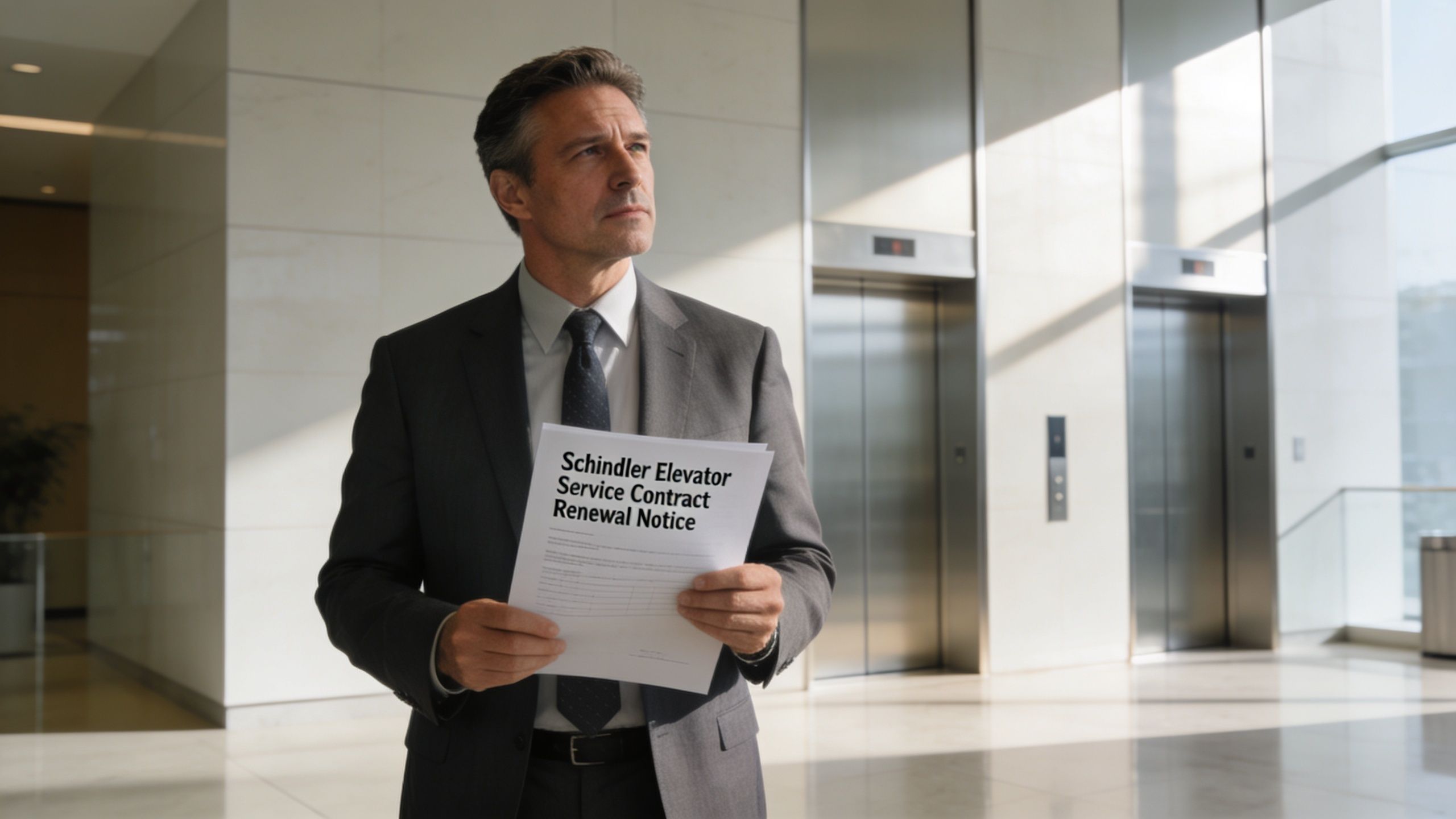A professional man in a business suit holding a Schindler elevator service contract renewal notice in an office.