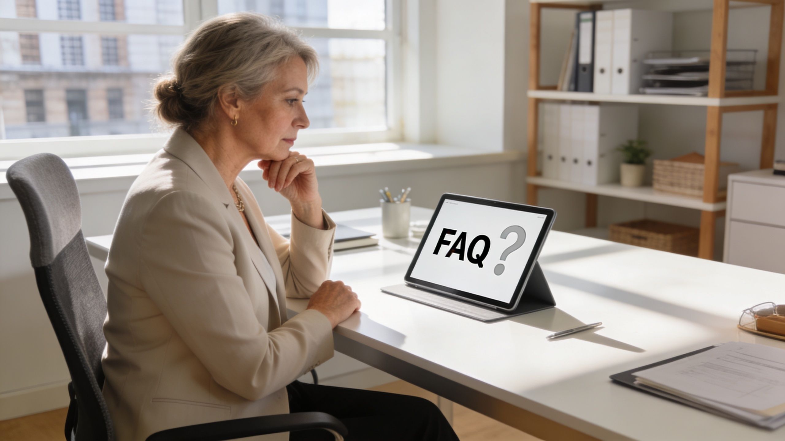A professional businesswoman looks thoughtfully at a tablet displaying the text FAQ with a large question mark.